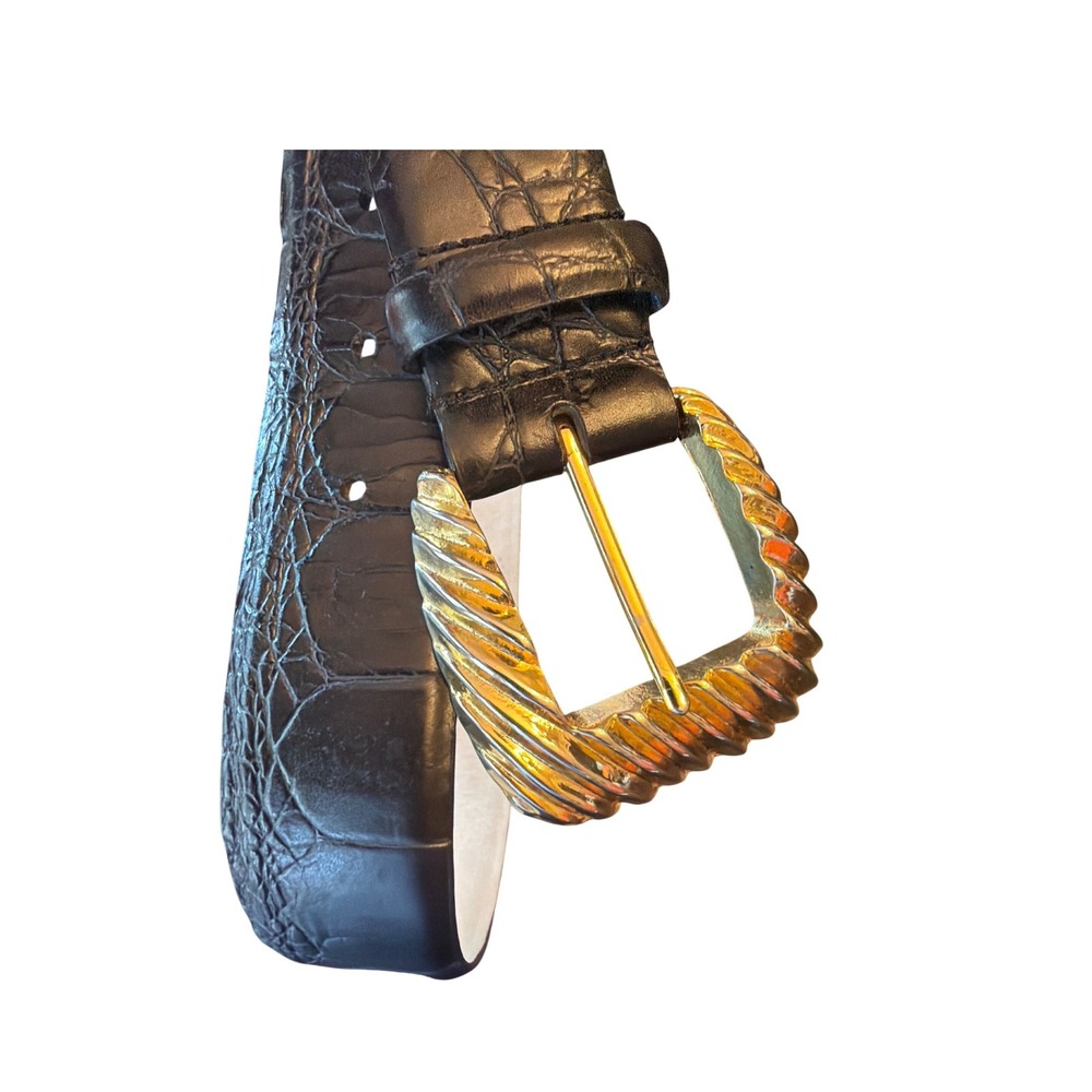 Black Croc-Embossed Leather Belt with Sculpted Gold Buckle